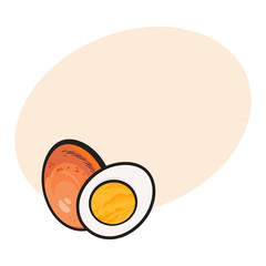 Boiled, peeled chicken egg, whole and cut in half, sketch style vector illustrationwith space for text Hand drawn, sketched illustration, whole and half of hard boiled chicken egg