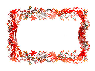 Watercolor painted colorful frame with autumn leaves.