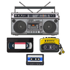 Retro style audio cassette, tape recorder, music player and videotape from 90s, sketch illustration isolated on white background. Hand drawn set of tape recorder, audio and video tape, music player