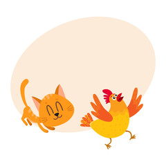 Funny red cat, kitten character chasing, playing with cackling chicken running away, cartoon vector illustration with space for text. Funny red cat, kitten character playing with chicken