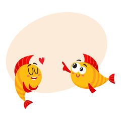 Two funny, smiling golden fish characters, one showing love, another pointing with fin, cartoon vector illustration with space for text. Yellow fish characters, mascots, love and laughing