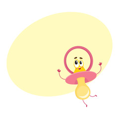 Cute and funny baby dummy, pacifier character with human face, excited expression, cartoon vector illustration with space for text. Baby pacifier, dummy character, mascot, child care concept