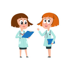 Two comic woman doctor characters, one telling, another writing something into medical record, cartoon vector illustration isolated on white background. Funny woman doctors filling in medical cards