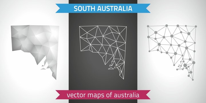 South Australia  set of grey and silver mosaic 3d polygonal maps. Graphic vector triangle geometry outline shadow perspective maps