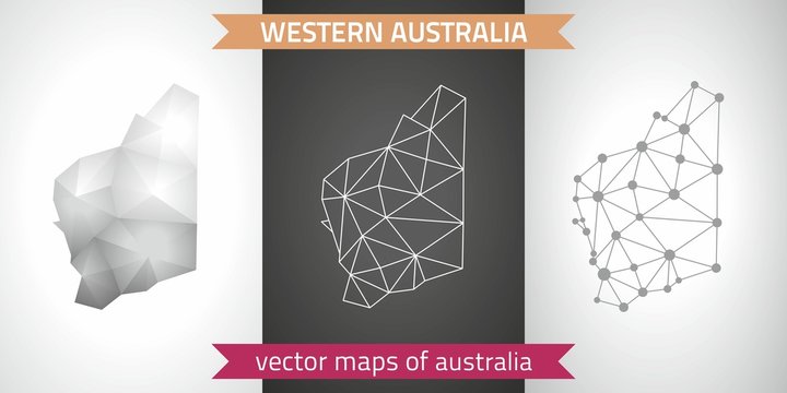 Western Australia collection of vector design modern maps, gray and black and silver dot contour mosaic 3d map