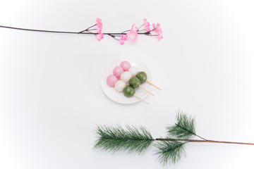 High angle view on Japanese Three Color Dango Dumplings on white background