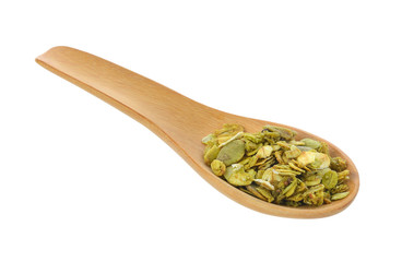 granola cereals in spoon on white background.