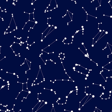 Raster illustration. Seamless pattern for decoration, design. Astronomy different constellations on a blue background of the bright stars. Glowing lines and points. Star chart, map. Deep space © Maria Gniloskurenko
