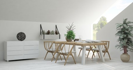 White dinner room with green landscape in window. Scandinavian interior design. 3D illustration