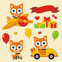 Obraz na płótnie Canvas Set isolated funny fox in cartoon style for holiday design. Collection cute fox with balloons and gifts for children holiday and birthday.