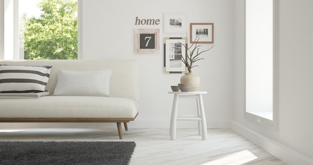 White room with sofa and green landscape in window. Scandinavian interior design. 3D illustration