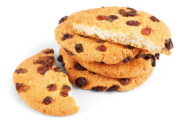 Oatmeal cookies with raisin on white background