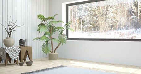 White empty room with winter landscape in window. Scandinavian interior design. 3D illustration