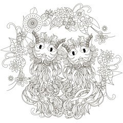 Anti stress cats pair, flowering frame hand drawn monochrome vector illustration