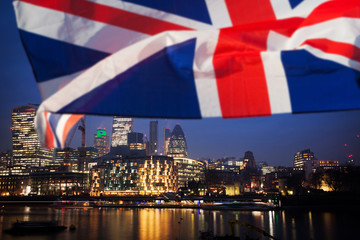 Fototapeta na wymiar brexit concept - Union Jack flag and iconic London landmarks - UK leavs the EU