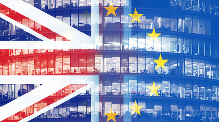 brexit concept - Union Jack flag and EU flag combined over windows of Skyscraper Business Office, Corporate building in London City, England, UK
