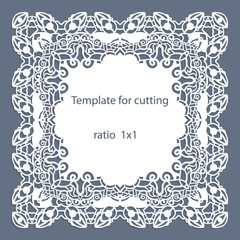 Greeting card with openwork border, paper doily under the cake, template for cutting, wedding invitation, decorative plate is laser cut, vector illustrations.