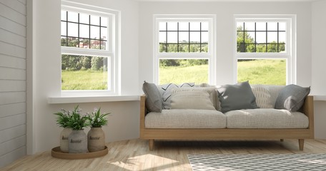White room with sofa and green landscape in window. Scandinavian interior design. 3D illustration