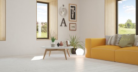 White room with orange sofa and green landscape in window. Scandinavian interior design. 3D illustration