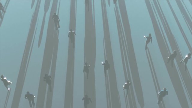 Hundreds of people in silhouette, walking in mist towards large light. Camera starts from above and pans and zooms through the crowd directly into the light.