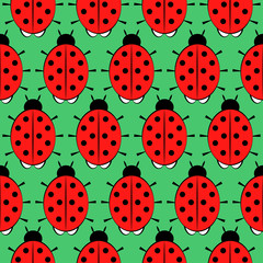 Ladybugs. Seamless pattern on green background.