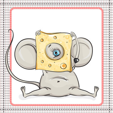 Little mouse looks at the big piece of cheese