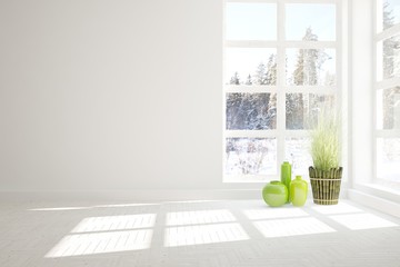 White empty room with winter landscape in window. Scandinavian interior design. 3D illustration