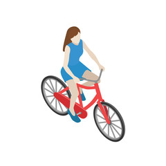 Fototapeta na wymiar Female cyclist riding on a bicycle. Flat 3d isometric vector illustration