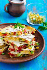 Fresh grilled red bell pepper quesadillas with corn