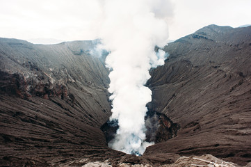 Crater of Bromo volcano in Bromo Tengger Semeru National Park, East Java, Indonesia. Erupting and active volcano