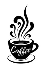 Coffee stylized lettering on coffee cup with steam hand drawn vector illustration on white background