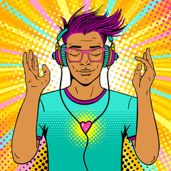 Young sexy man with wide smile and closed eyes in bright glasses and headphones listening to the music. Vector colorful background in pop art retro comic style. Party invitation poster.