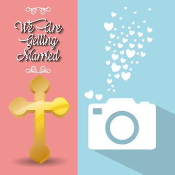 we are greeting married card cross and photo camera vector illustration eps 10