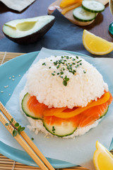 Sushi burger without bread and meat. Burger of white rice, salmon, lettuce, cucumber. Color image of diet food.