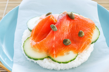 Sandwich without fat, bread, meat. Mixture of Japanese and American sushi burger