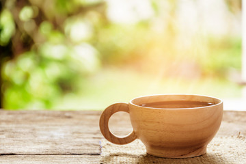 Morning coffee on old wood table