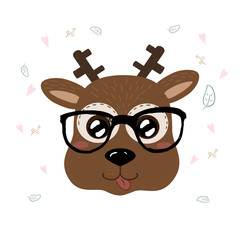 Sweet funny deer with glasses in vector.