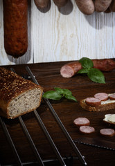 Delicious sandwich with homemade sausage