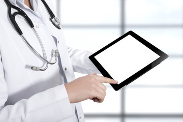 Doctor showing blank digital tablet screen