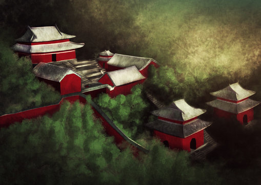 Asian village in the mountains - Digital Painting