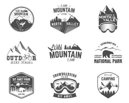 Summer and winter mountain explorer camp badge, logo label templates set. Travel, hiking, climbing style. Snowboard, ski patches. Bike stamp, campsite sign. For web, tee, print. illustration