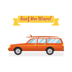 retro flat web banner design on surfing, best summer vacation, beach recreation, water activities for travel agency promotion with woody surf car, surfboards. Vintage car isolated