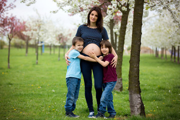 Fototapeta premium Pregnant woman and her two children in a spring blooming park
