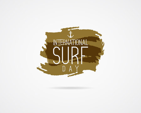 International surfing day graphic elements. surfing day typography emblem. Surfer party banner or sign on watercolor ink splash background. Use for sirfing day on Web or print on t shirt