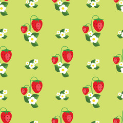 Seamless pattern with strawberries, leafs and flowers. Vector background