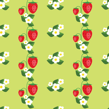 Seamless pattern with strawberries, leafs and flowers. Vector background