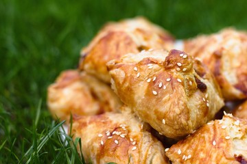 Homemade pasty with mince meat filling, sprinkled with sesame seeds and served outdoors on a sunny day