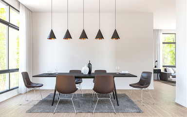 Modern dining room decorate with  brown leather furniture 3d rendering image.There are large window overlooking to nature and forest