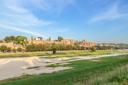 Rome, Italy. View of the Great Circus (Circus Maximus) and the Imperial Palaces on Palatine Hill at sunset