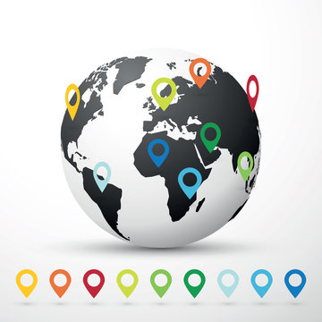 globe world map illustration with map pin pointer location